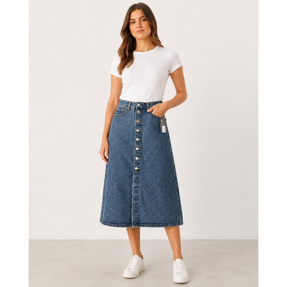 Universal Thread Denim Midi Skirt Size 2 Button Front Blue Jean Skirt NWT